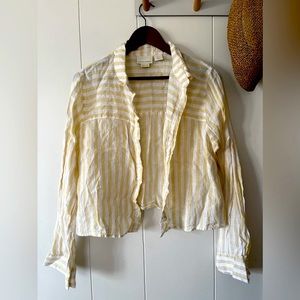 Cynthia Rowley Cropped Yellow + White Linen Striped Button Down